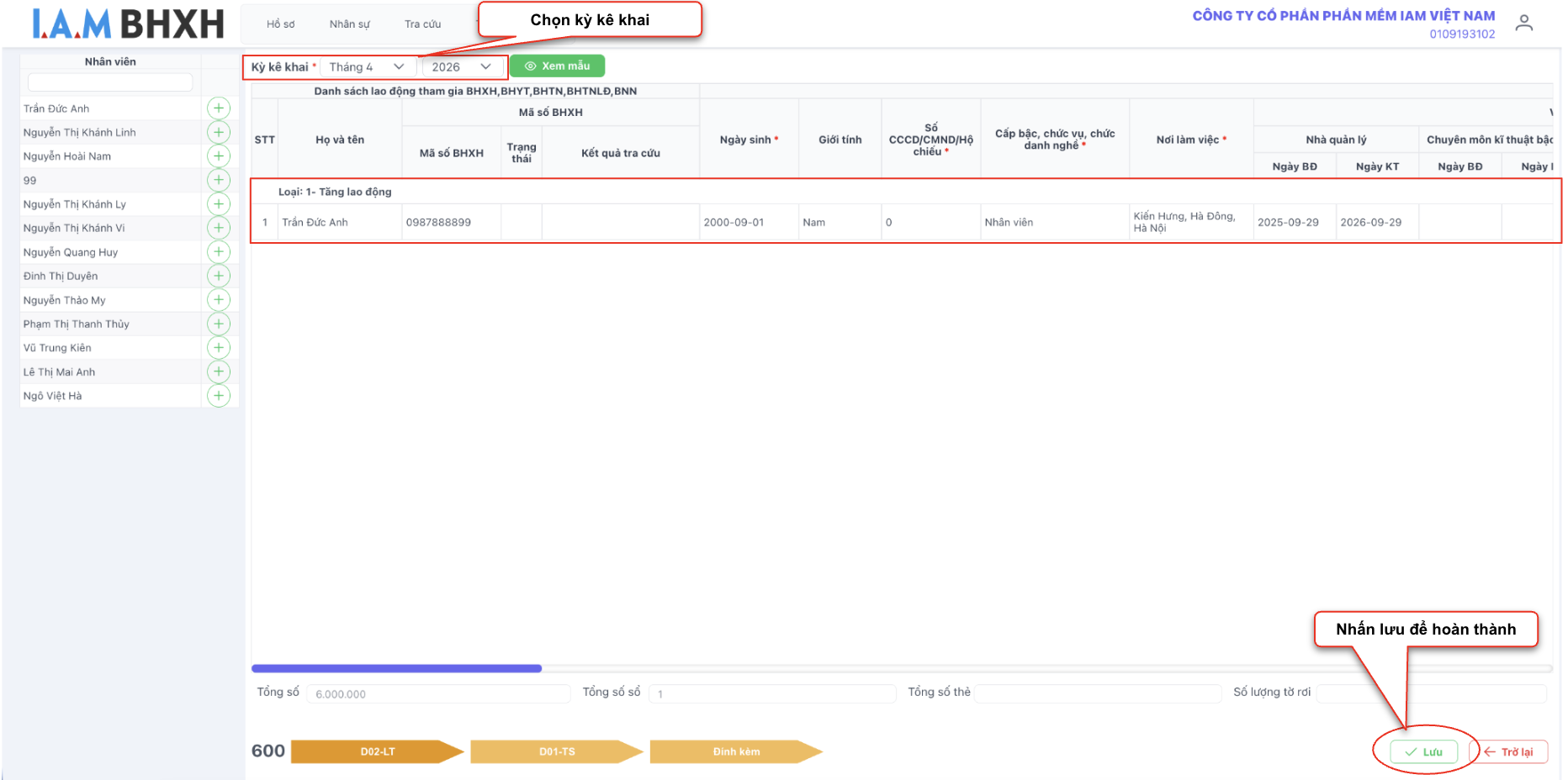 9. Màn hình thao tác tạo tờ khai