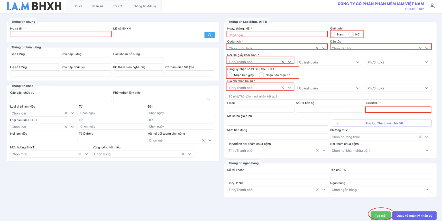 7. Màn hình thao tác thêm mới nhân sự