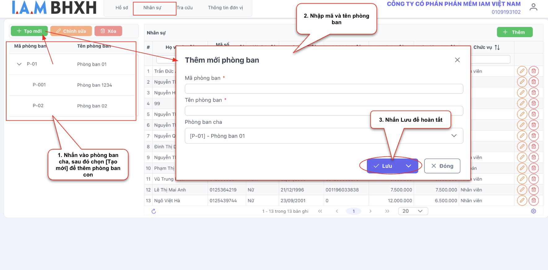 6. Màn hình thao tác thêm mới phòng ban