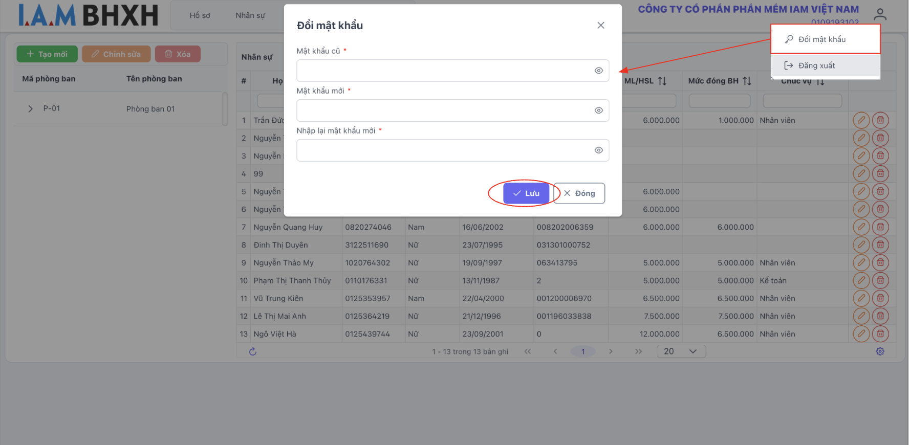 Màn hình thao tác thay đổi mật khẩu