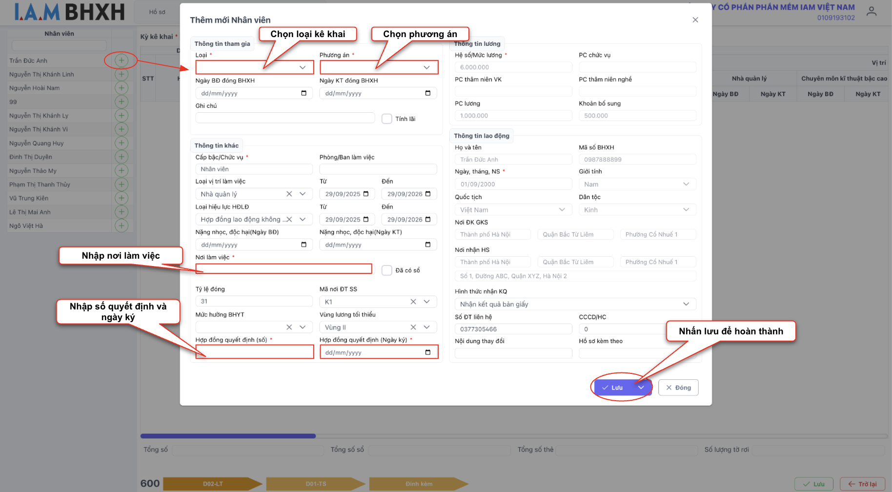8. Màn hình thao tác thêm nhân viên vào tờ khai