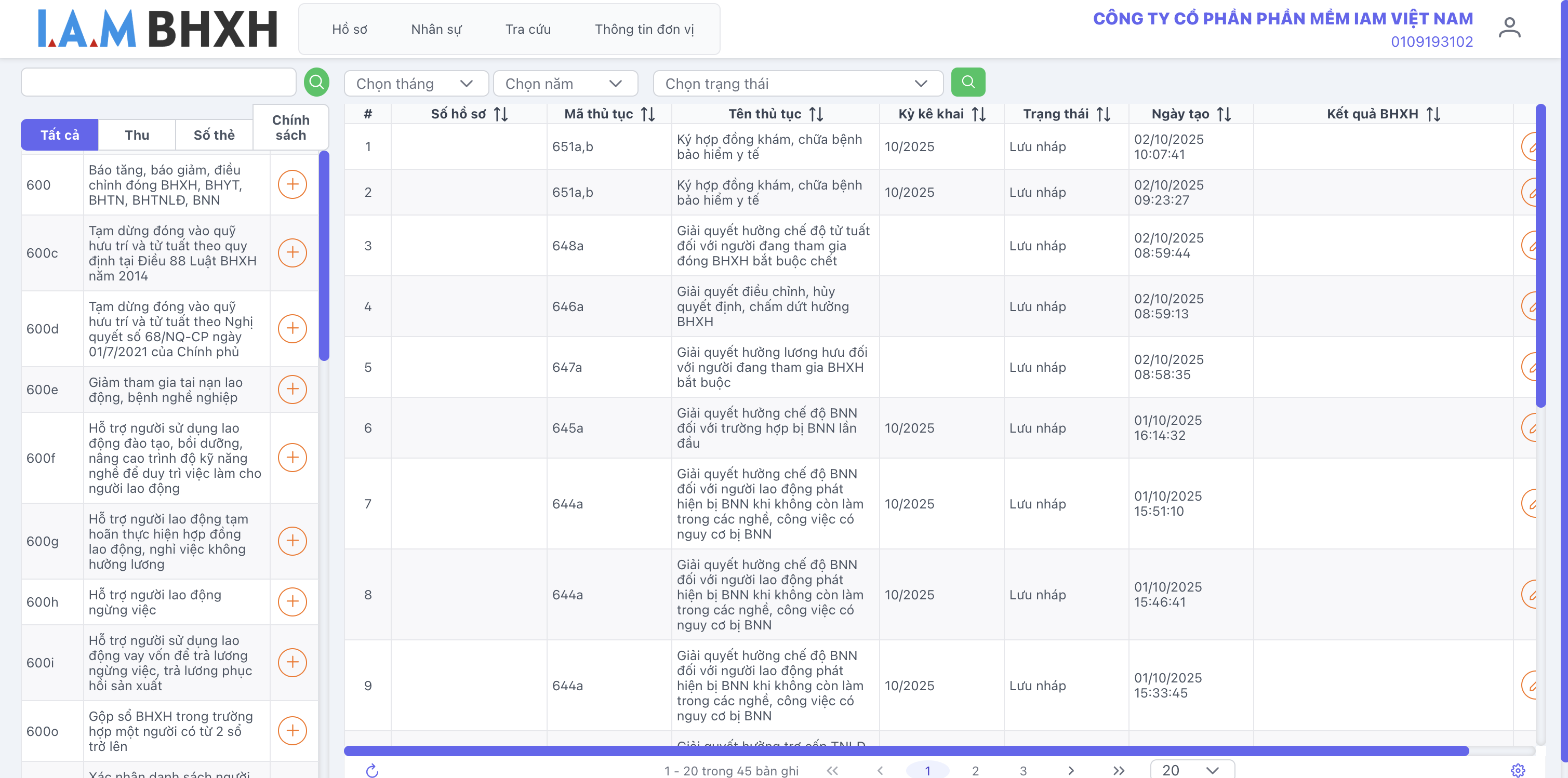 Màn hình chính của phần mềm IAM BHXH