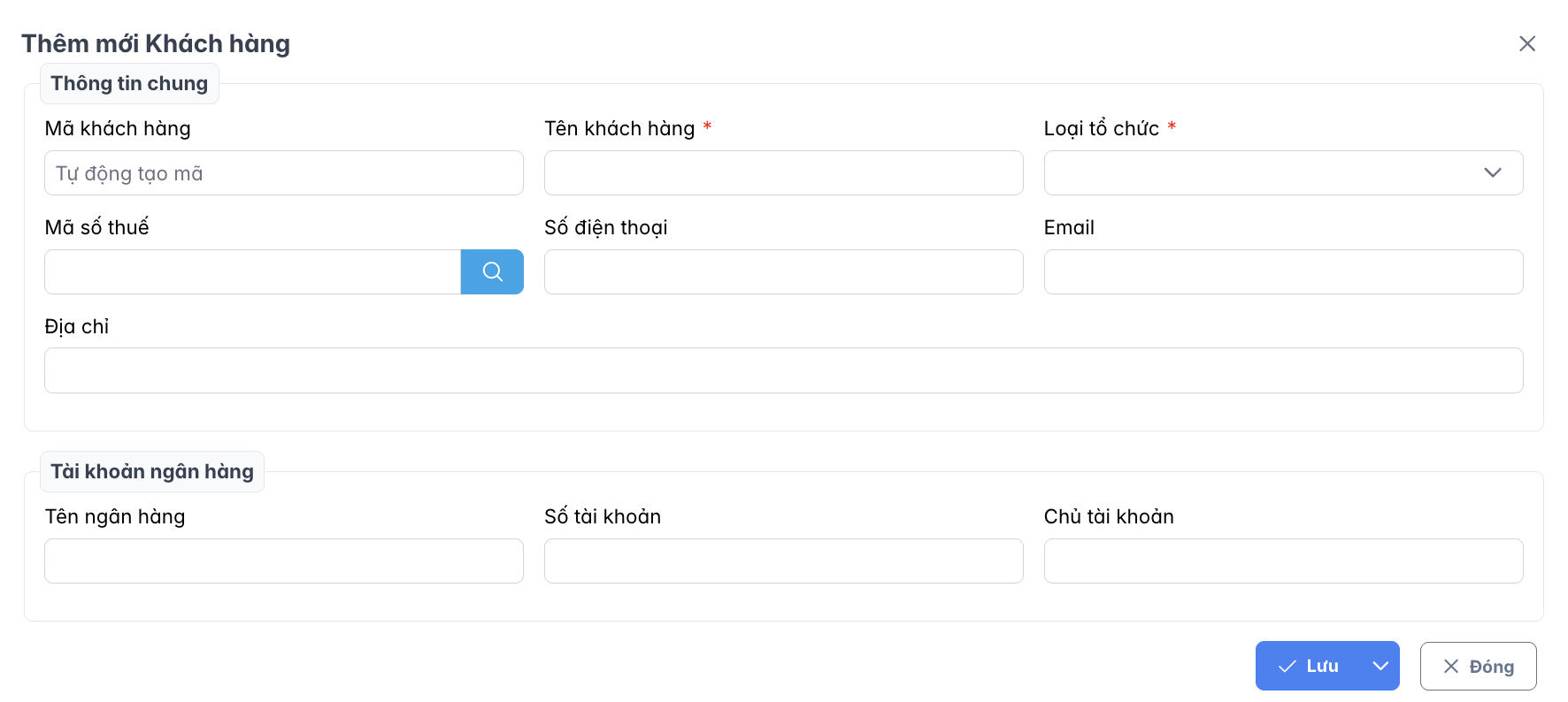 Màn hình thao tác tạo mới khách hàng