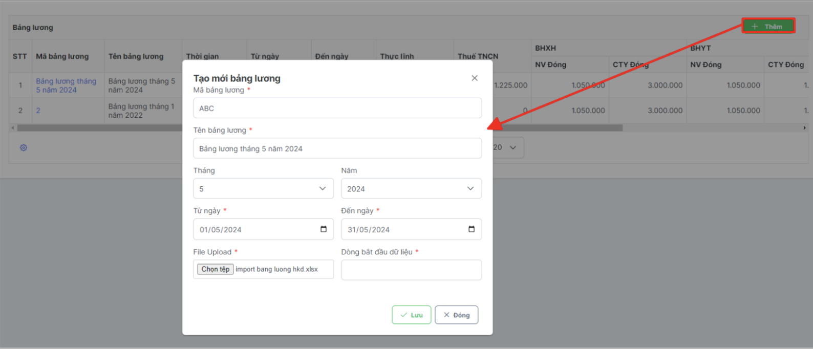 Màn hình thao tác thêm mới bảng lương