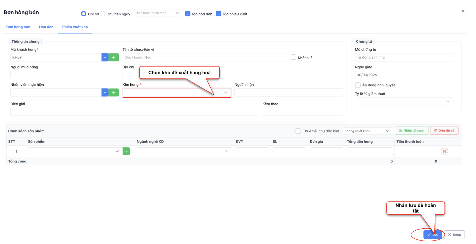 Màn hình tạo mới đơn hàng bán -phiếu xuất kho