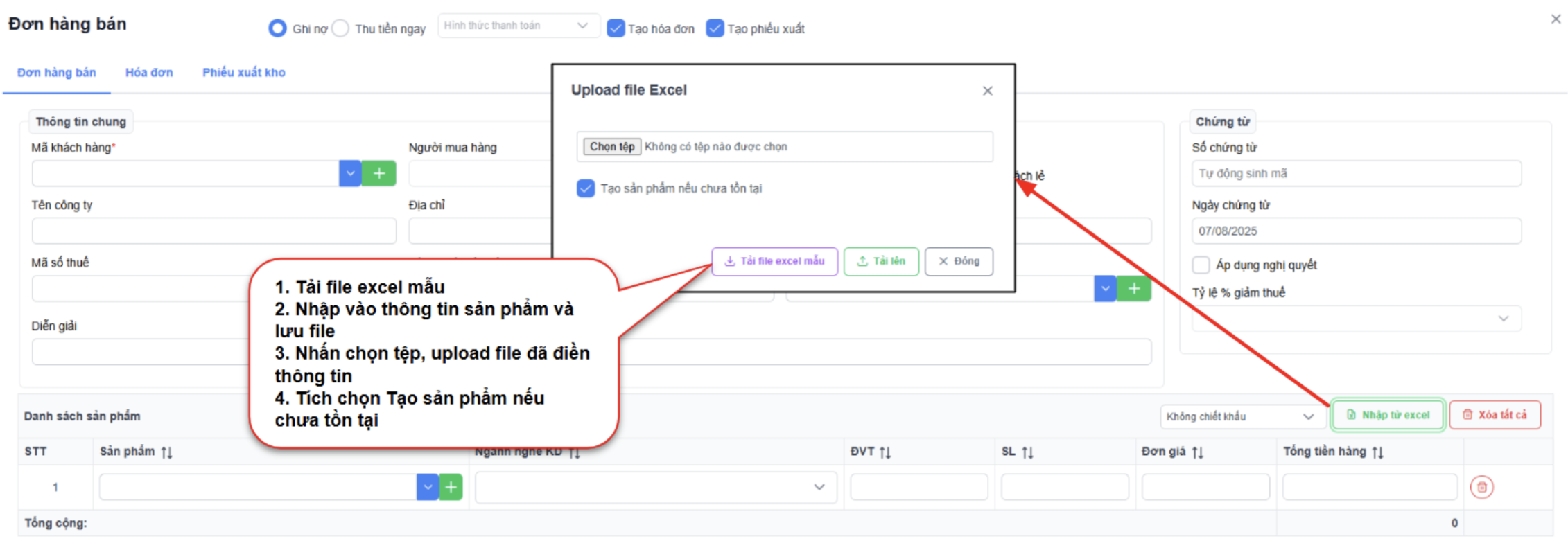 Màn hình tạo mới đơn hàng bán - excel