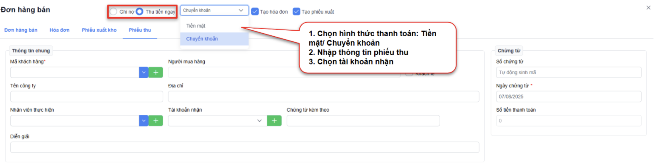 Màn hình tạo mới đơn hàng bán - phiếu thu