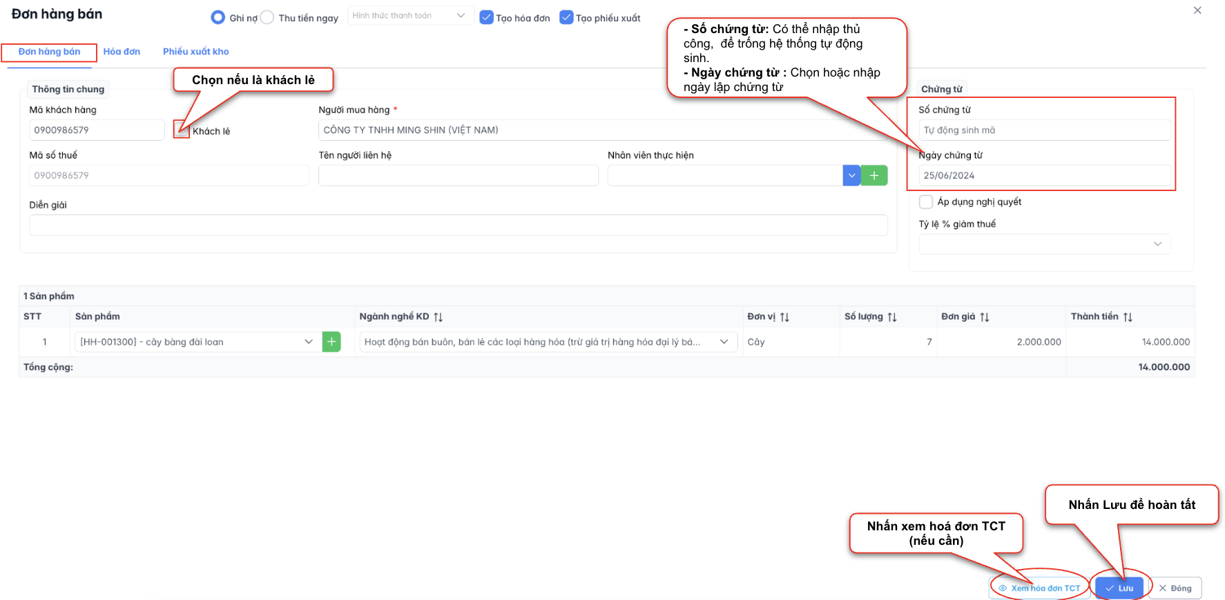 Màn hình thao tác thêm đơn hàng từ hoá đơn TCT - chọn hoá đơn
