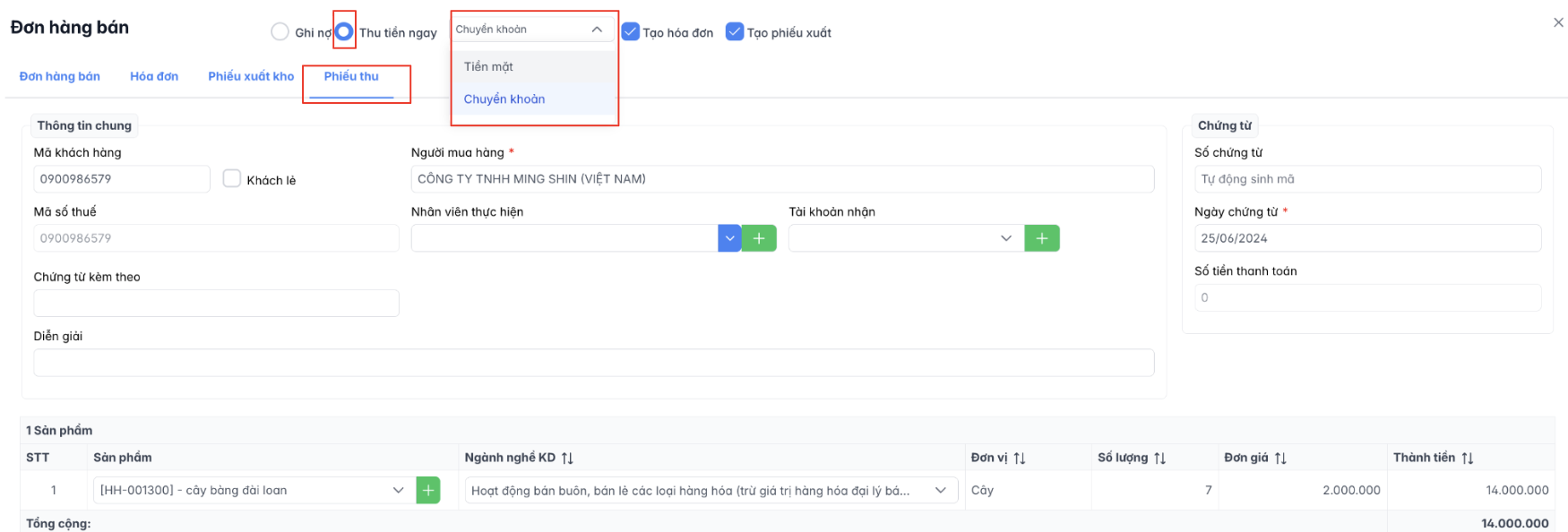 Màn hình thao tác thanh toán đơn hàng bán