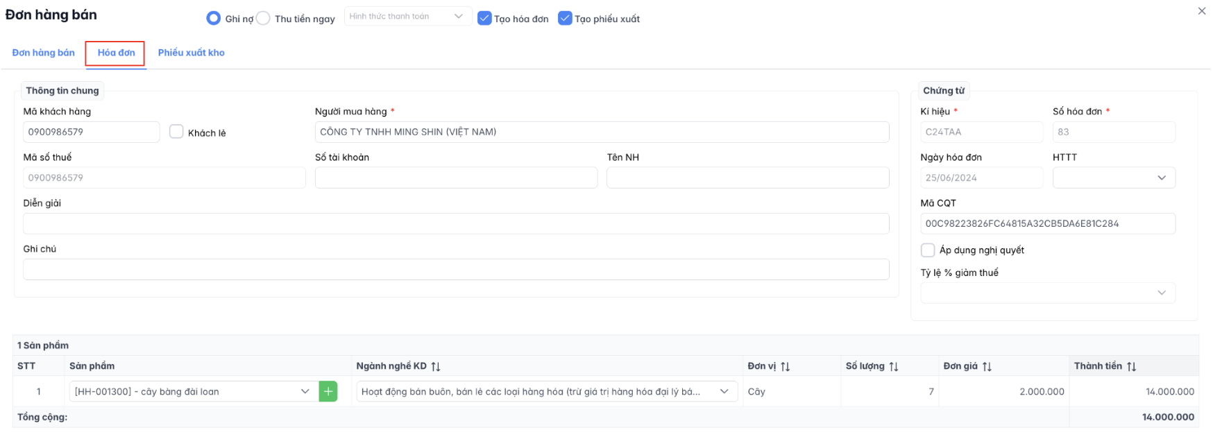 Màn hình thao tác thêm đơn hàng từ hoá đơn TCT - hóa đơn