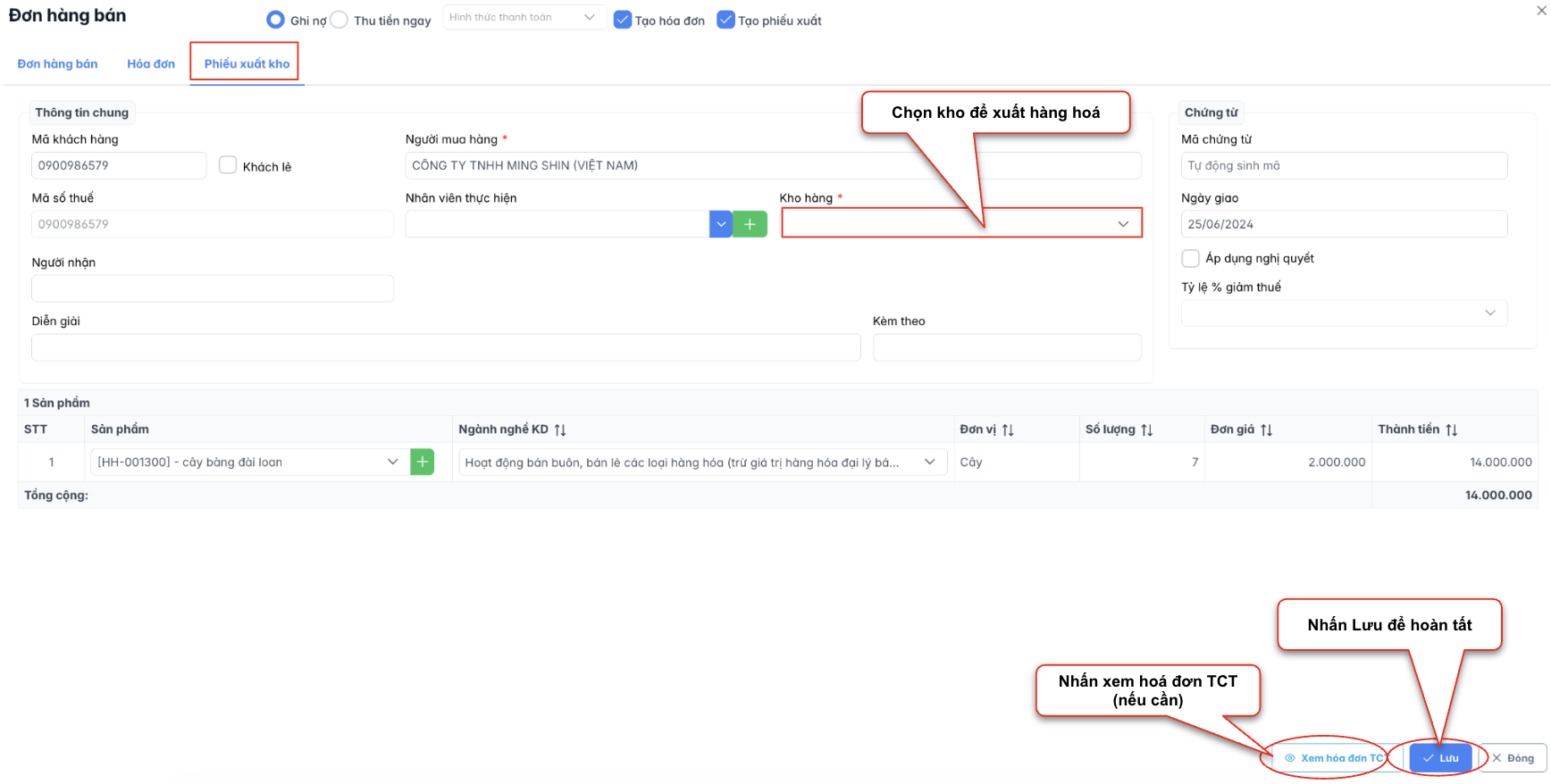 Màn hình thao tác thêm đơn hàng từ hoá đơn TCT - phiếu xuất kho