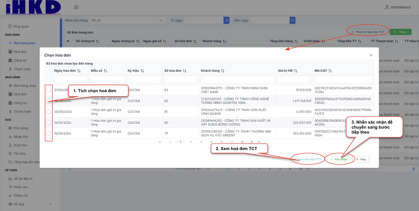 Màn hình thao tác thêm đơn hàng từ hoá đơn TCT - chọn hoá đơn