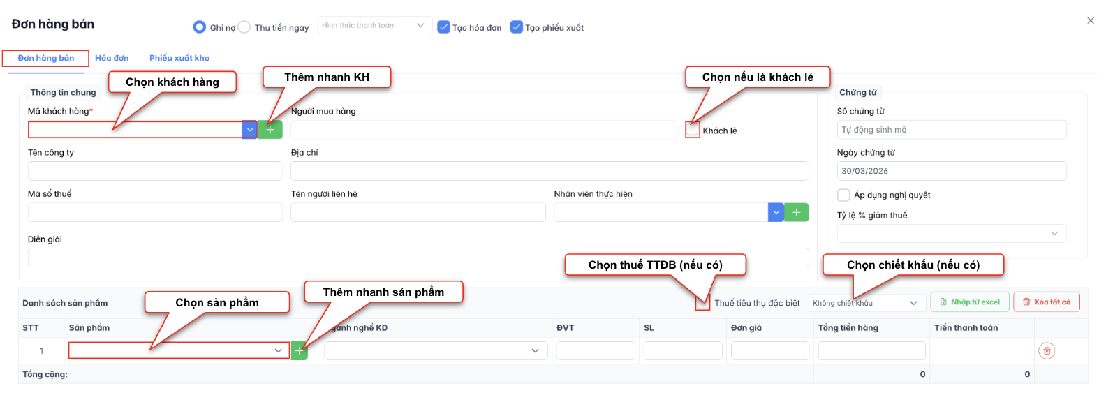 Màn hình tạo mới đơn hàng bán