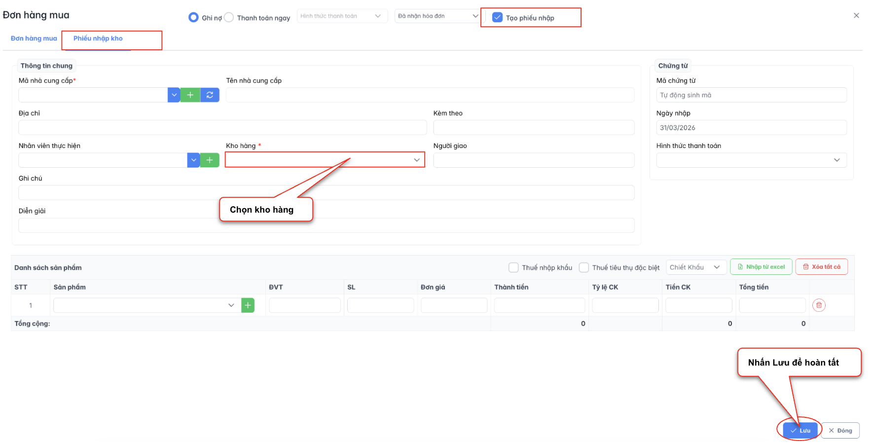 Màn hình thao tác thêm mới đơn hàng mua - nhập kho