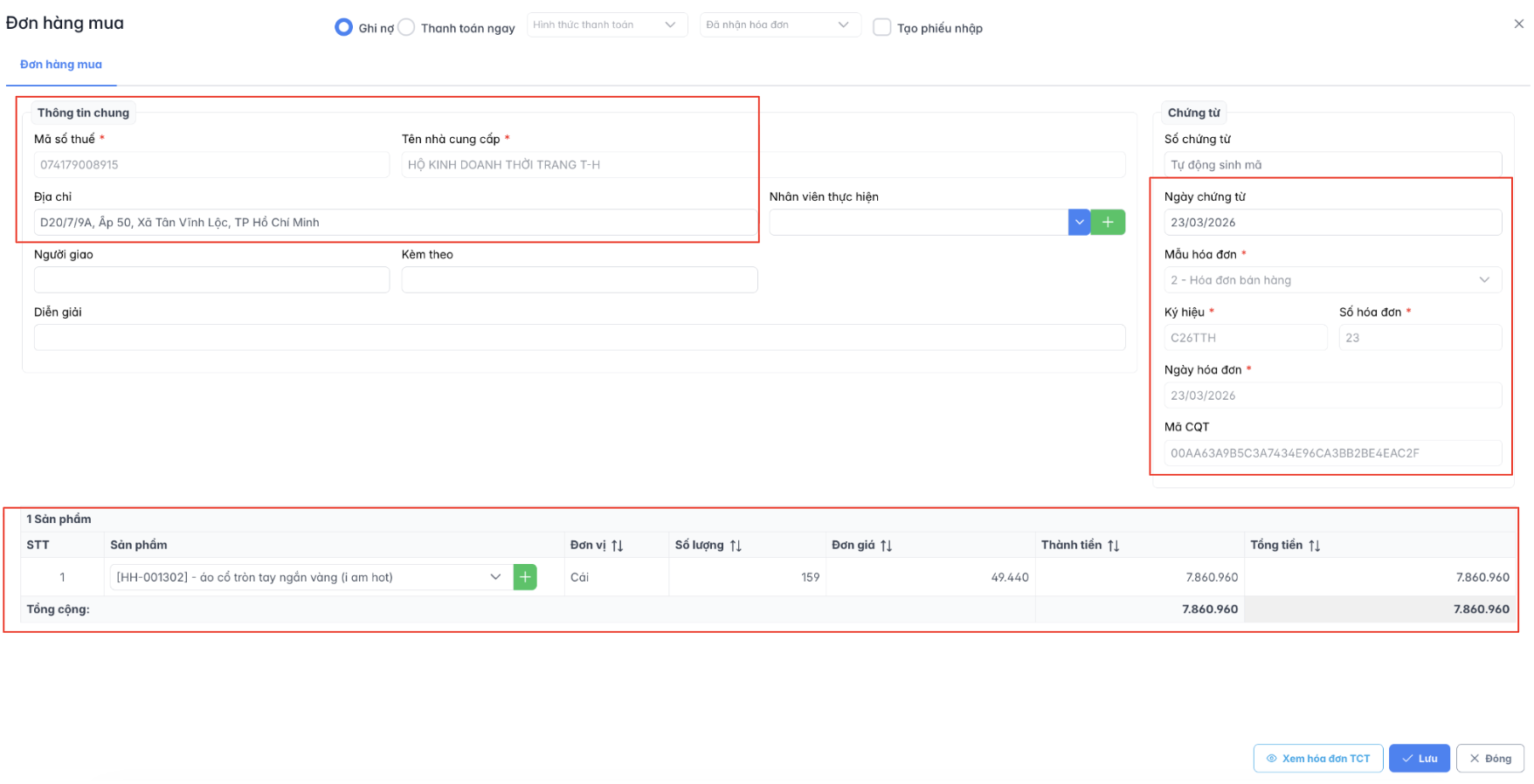 Màn hình đơn hàng mua từ hoá đơn TCT