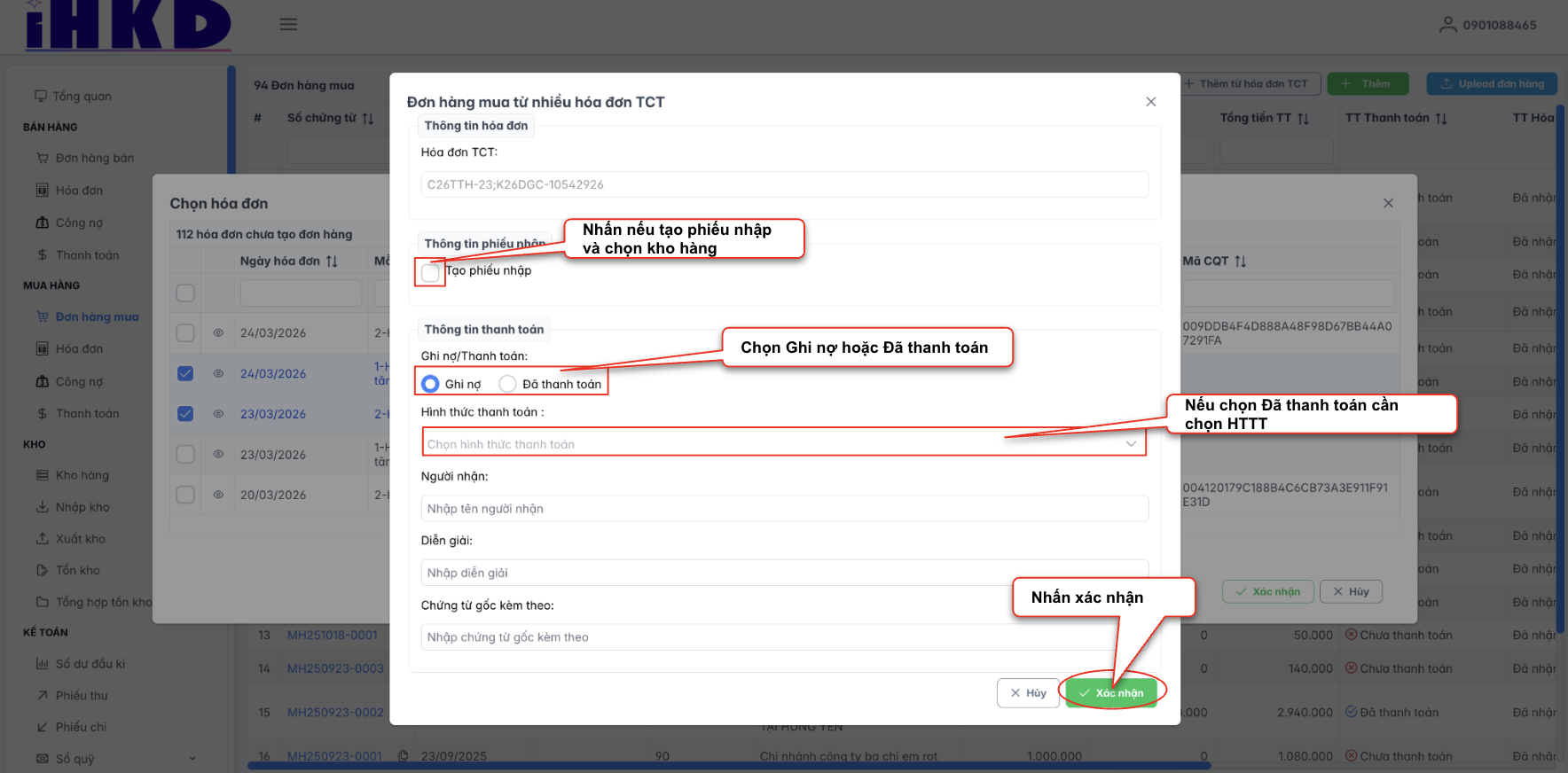 Màn hình thao tác nhập thông tin đơn hàng mua từ nhiều hoá đơn TCT
