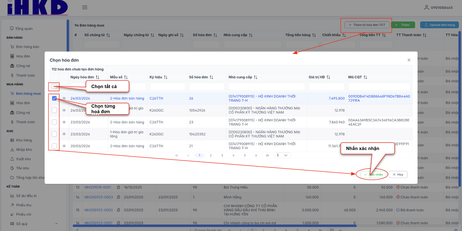 Màn hình thao tác chọn hoá đơn từ TCT