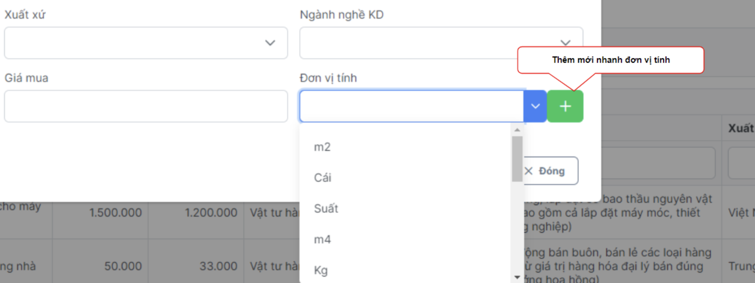 Màn hình thao tác thêm nhanh đơn vị tính