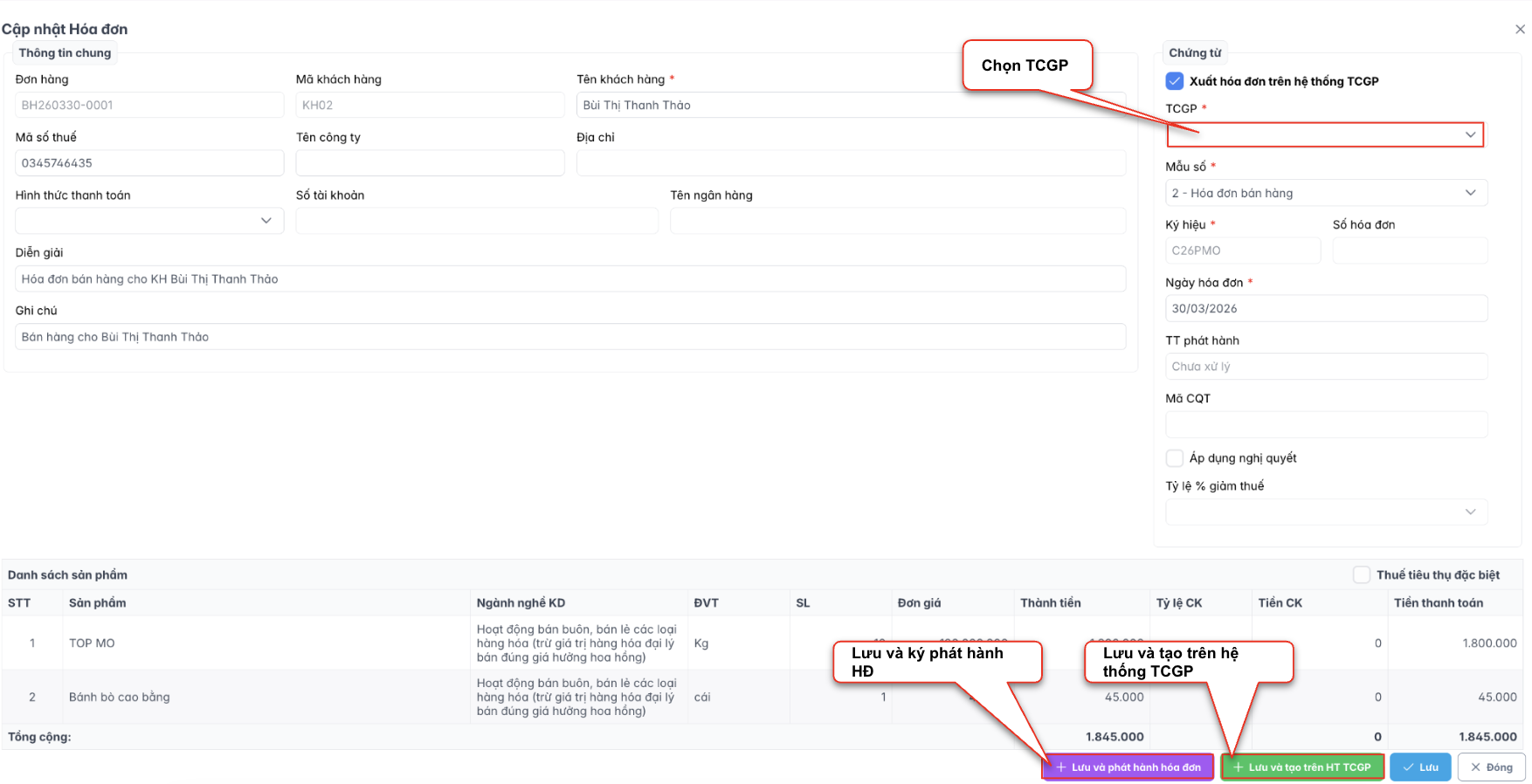 Màn hình thao tác cập nhật hoá đơn hàng bán - HT TCGP