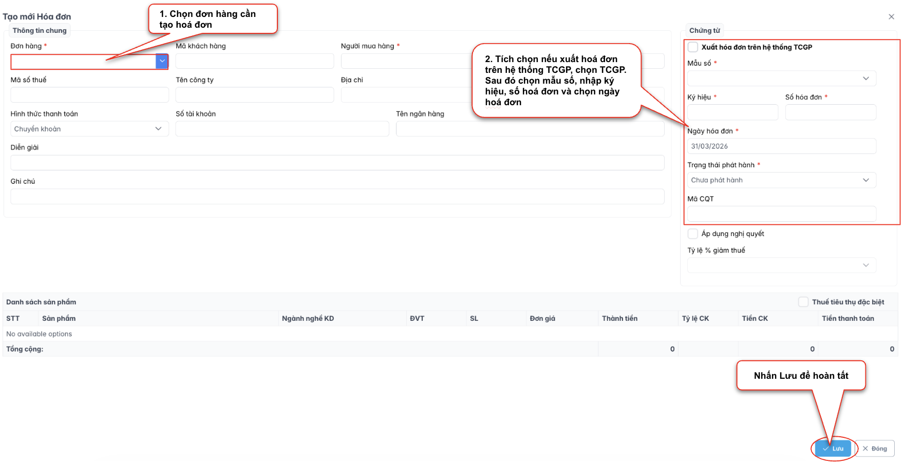 Màn hình thao tác thêm hoá đơn hàng bán