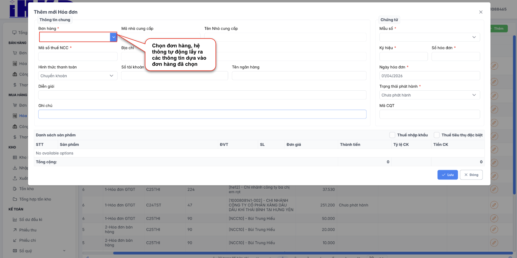 Màn hình thao tác tạo mới  hoá đơn hàng mua
