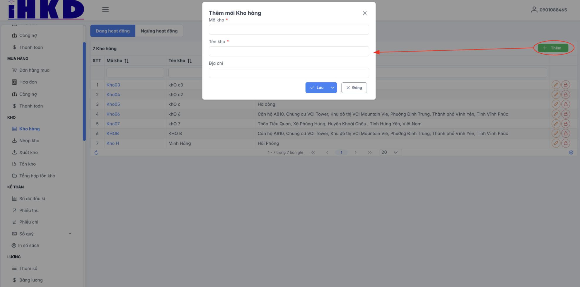 Màn hình thao tác tạo mới kho hàng