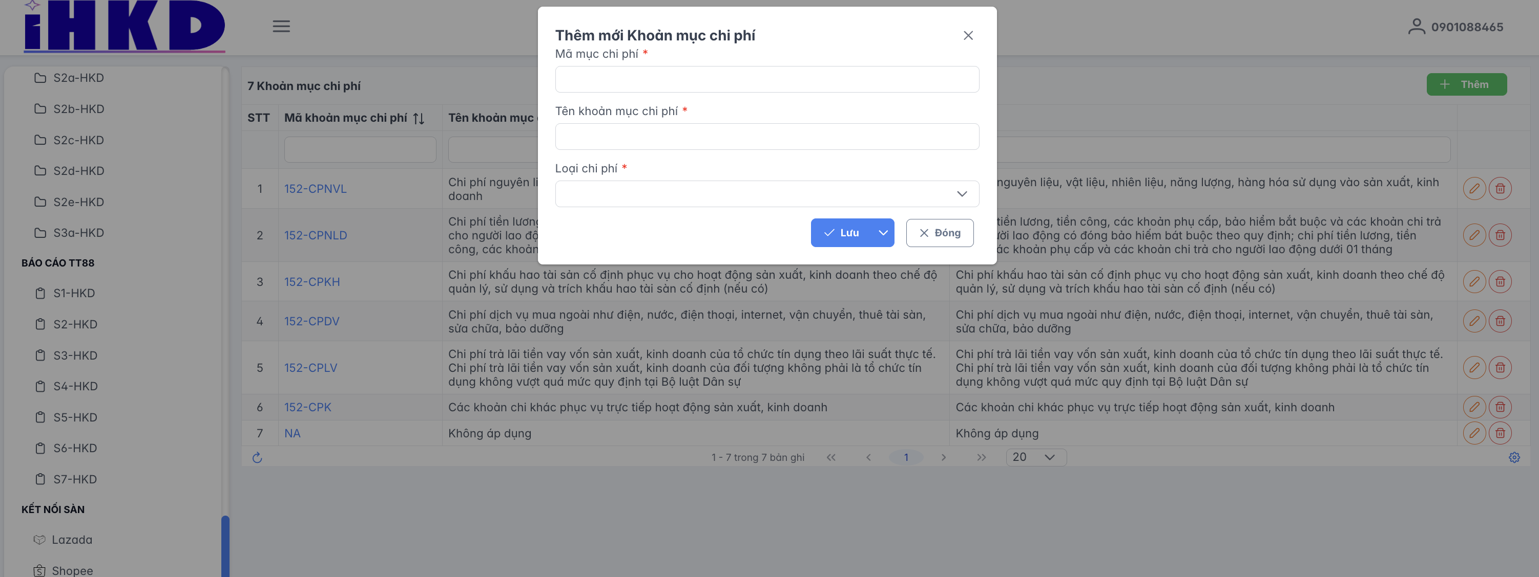 Màn hình tạo mới khoản mục chi phí