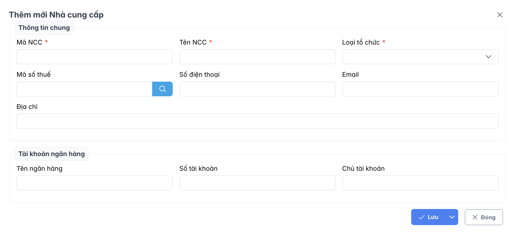 Màn hình thao tác tạo mới nhà cung cấp
