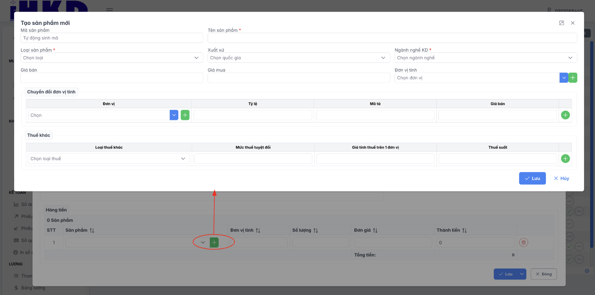 Màn hình thao tác thêm nhanh sản phẩm