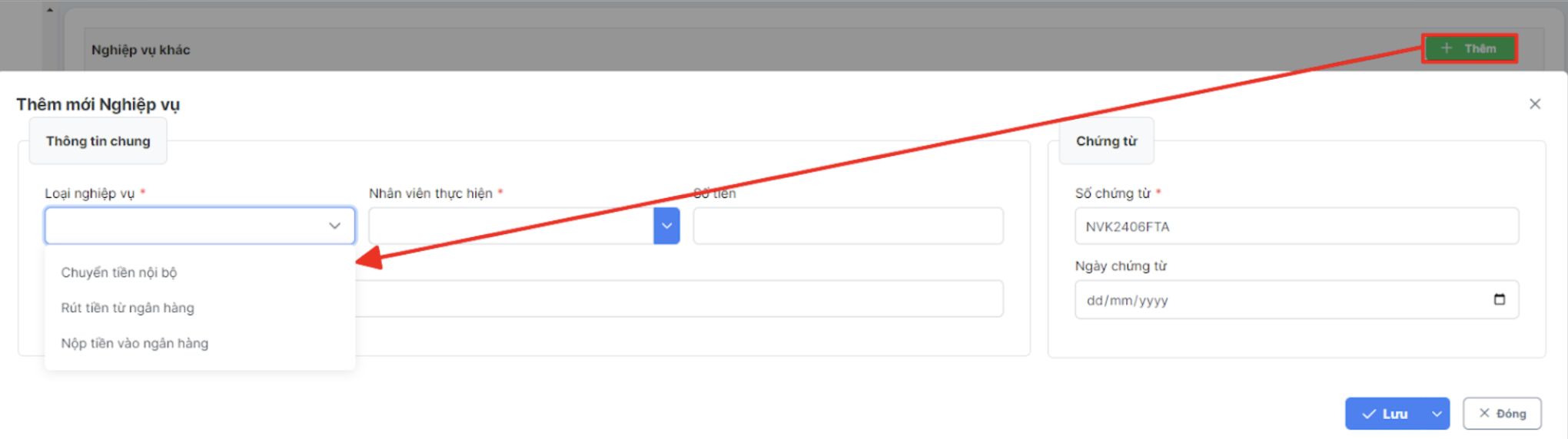 Màn hình thao tác tạo mới nghiệp vụ khác