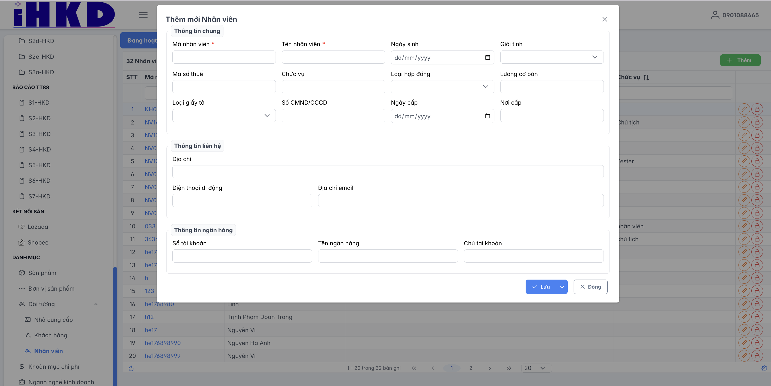 Màn hình thao tác tạo mới nhân viên