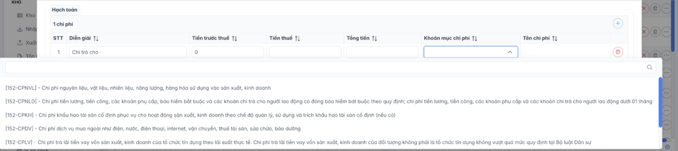 Màn hình thao tác thêm khoản mục chi phí