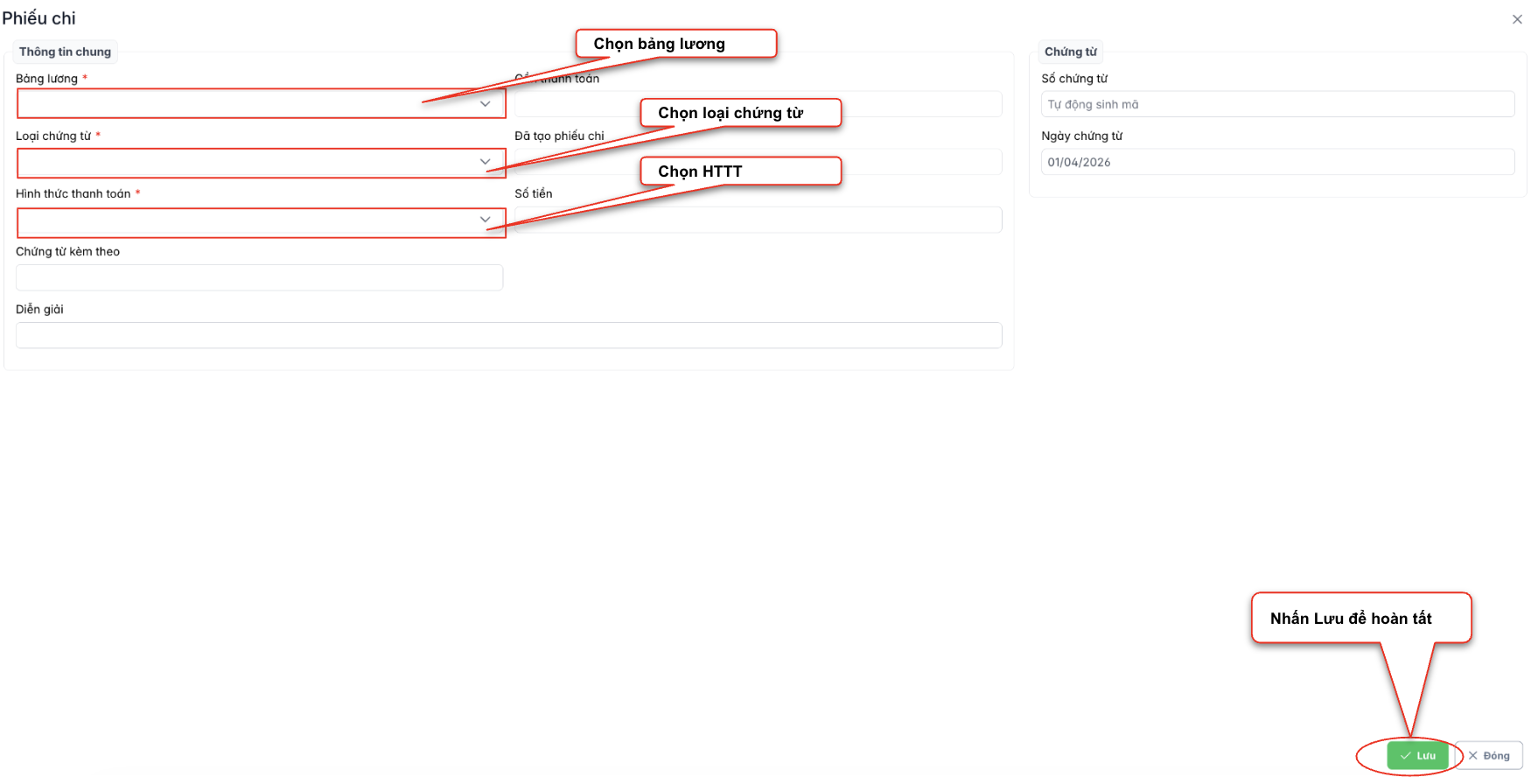 Màn hình thao tác thêm mới phiếu chi - lương