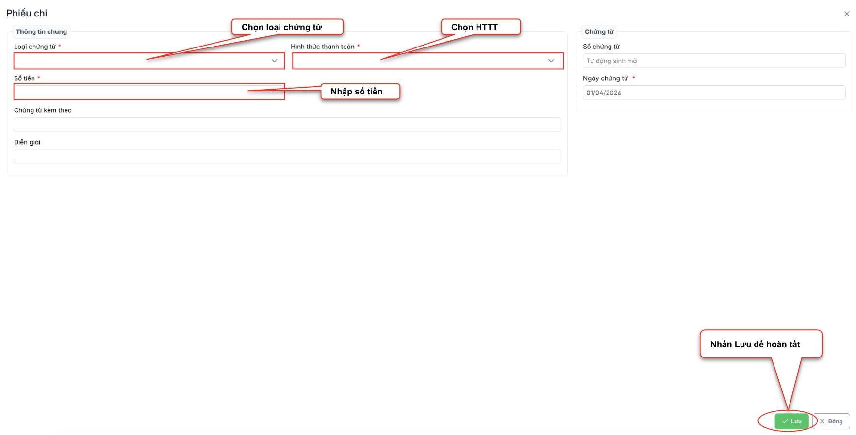 Màn hình thao tác thêm mới phiếu chi - thuế