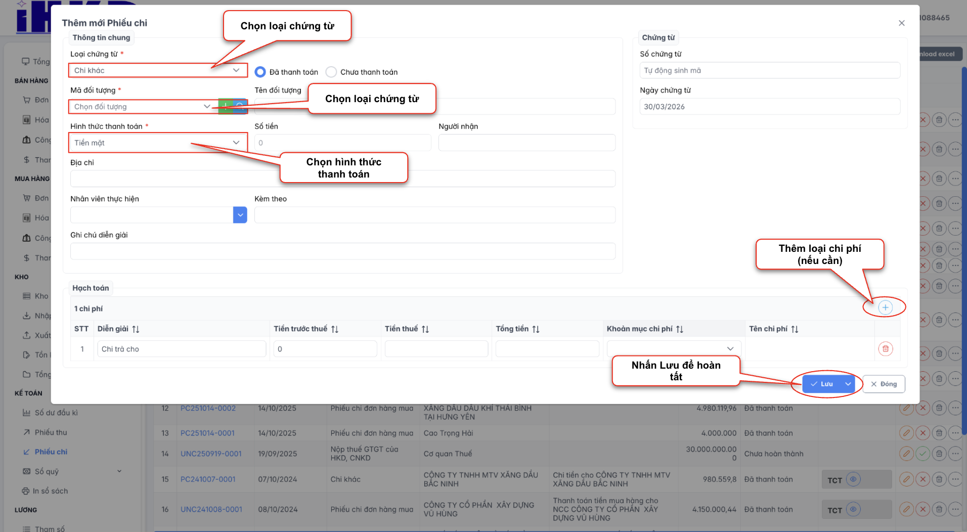 Màn hình thao tác tạo mới phiếu chi