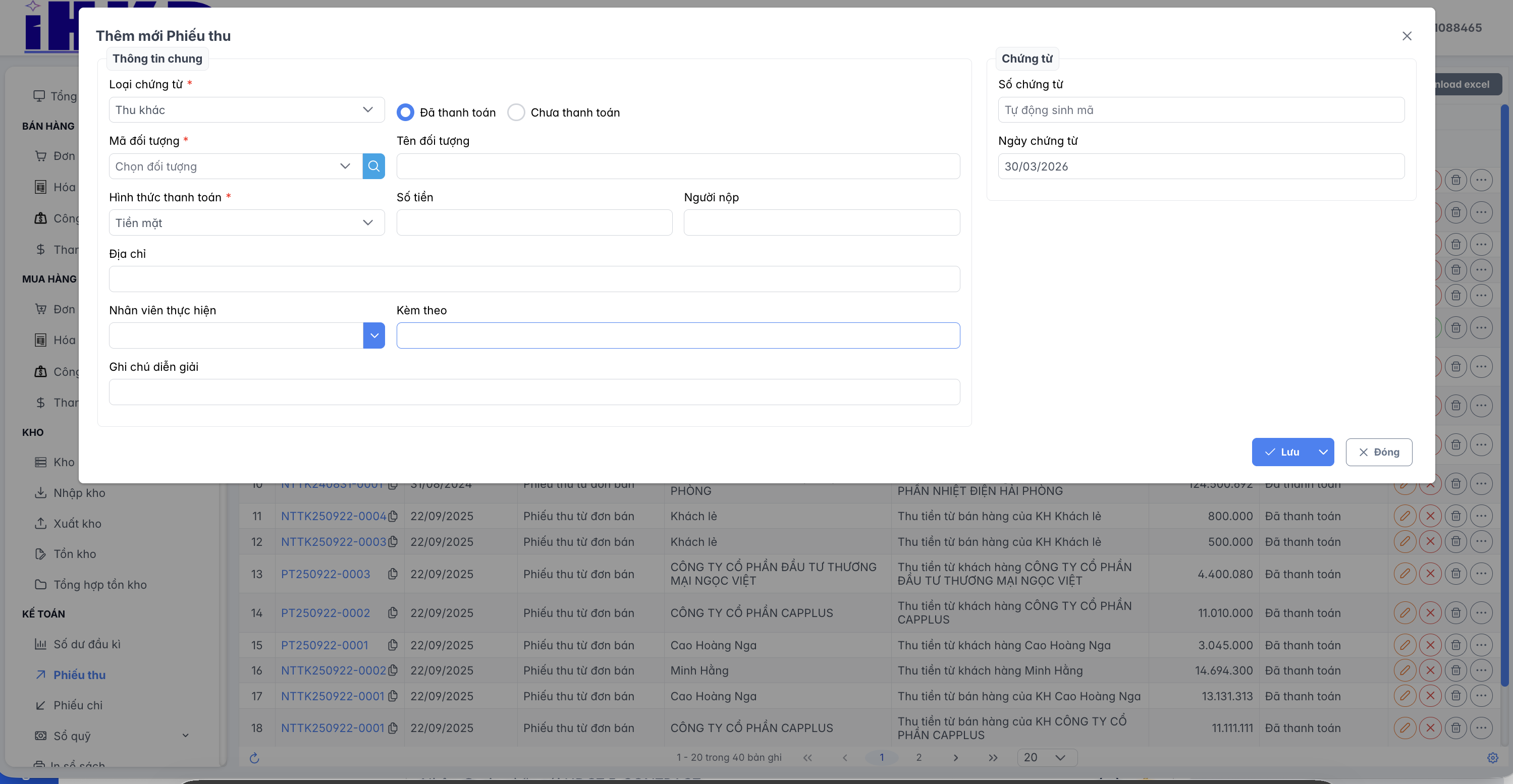 Màn hình thao tác thêm mới phiếu thu