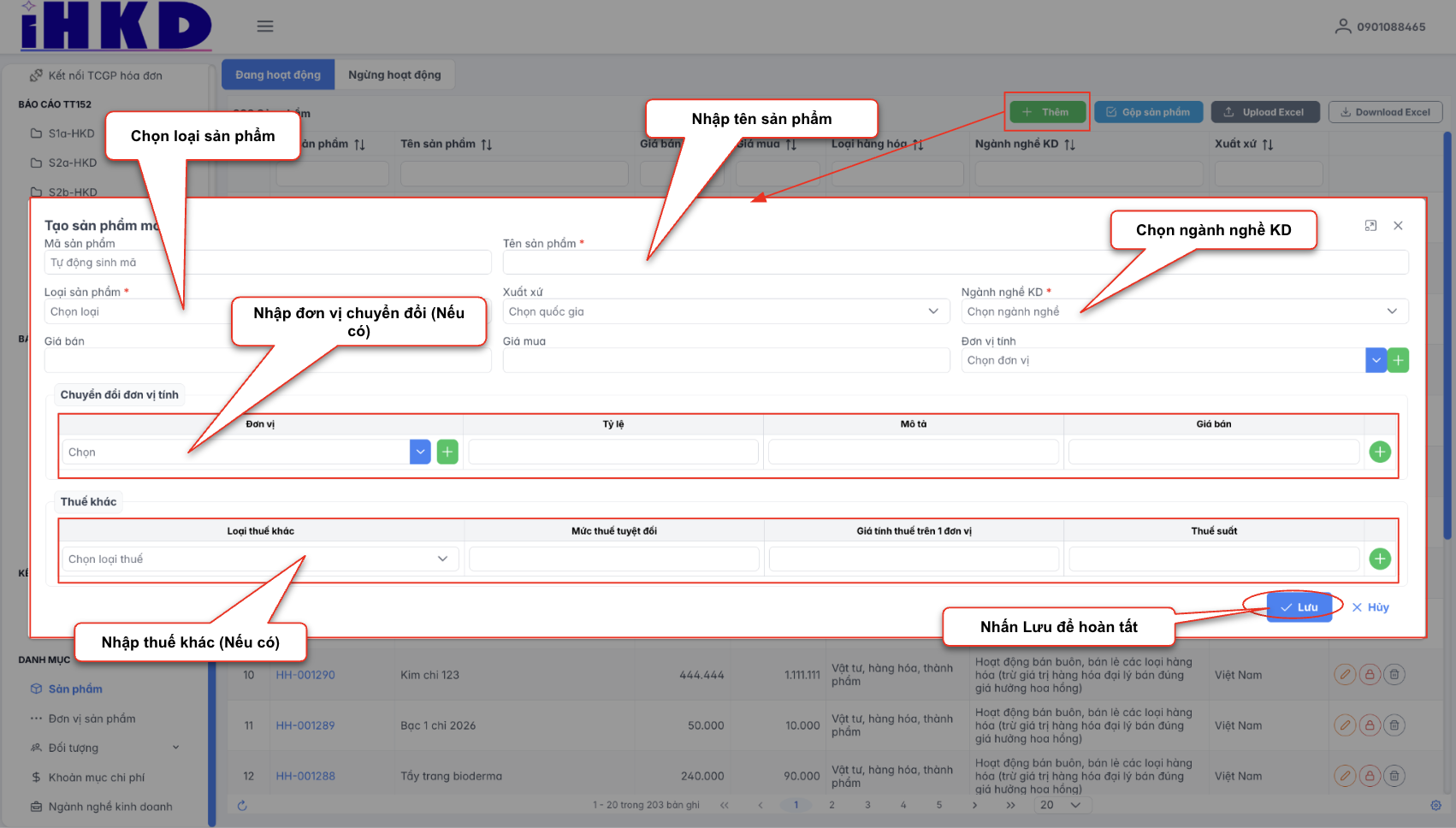 Màn hình tạo mới sản phẩm