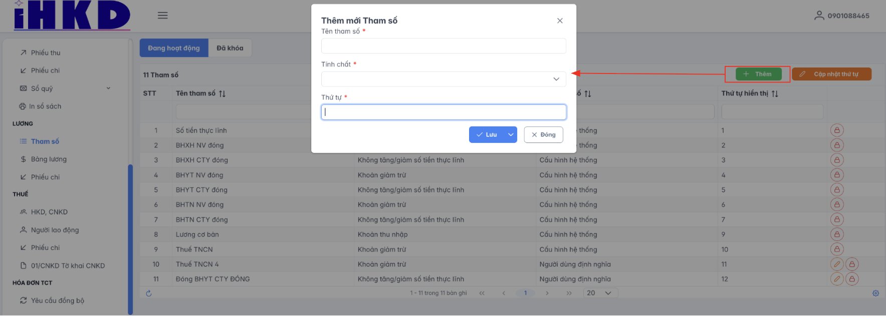 Màn hình thao tác thêm mới tham số