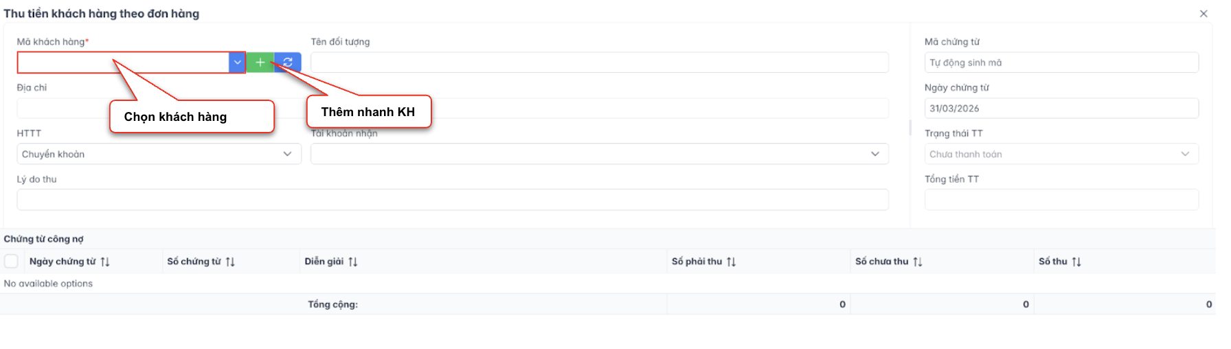 Hình 54. Màn hình thao tác thêm mới thanh toán khách hàng