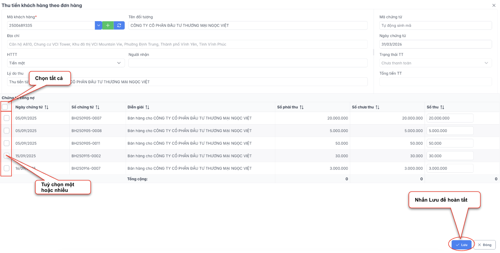 Màn hình thao tác thêm mới thanh toán khách hàng