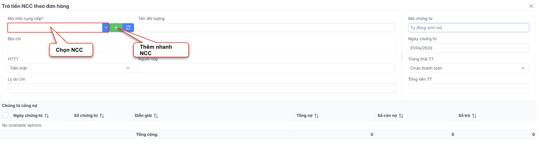 Màn hình thao tác tạo mới thanh toán nhà cung cấp