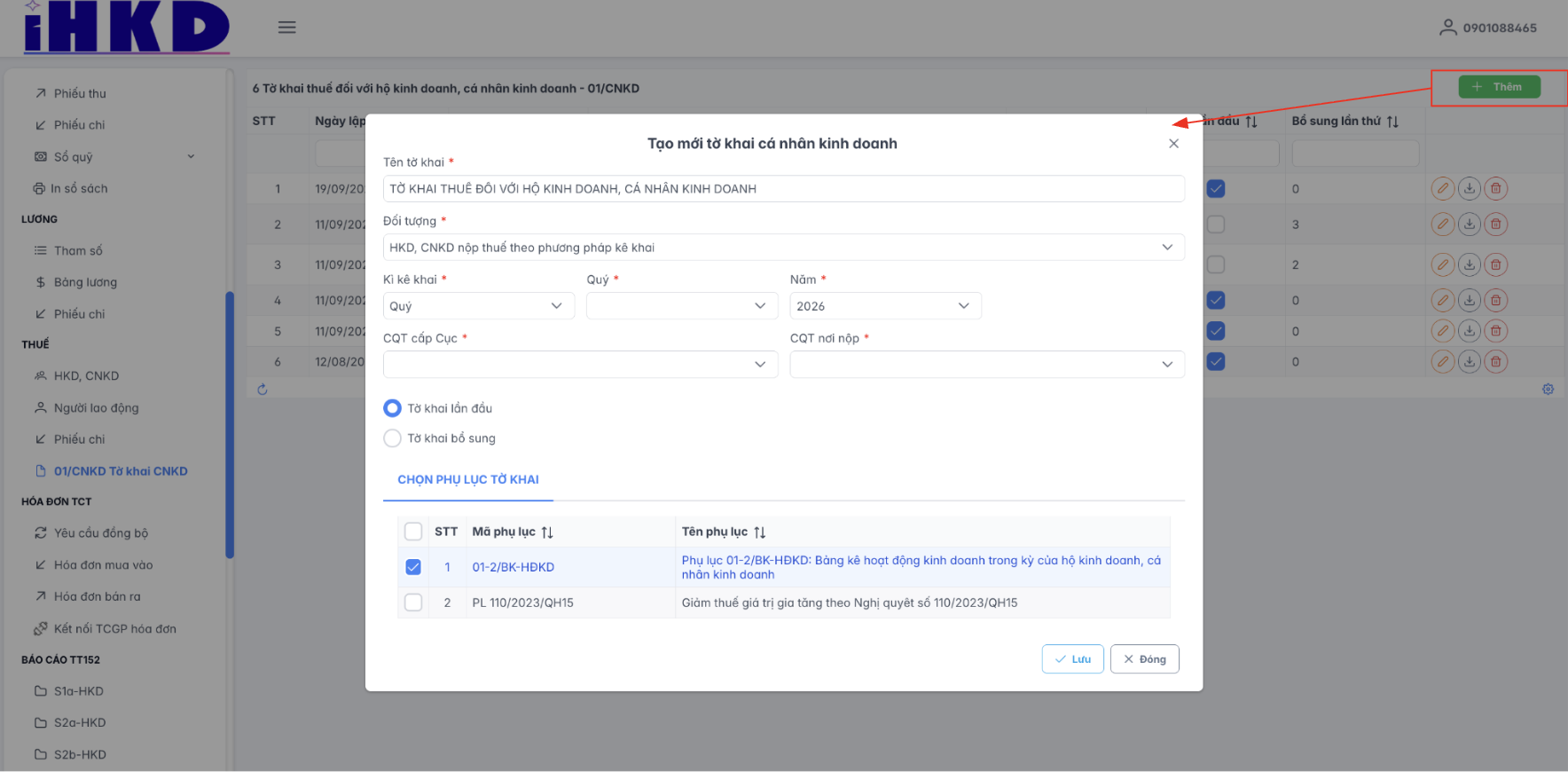 Màn hình thao tác thêm mới tờ khai 