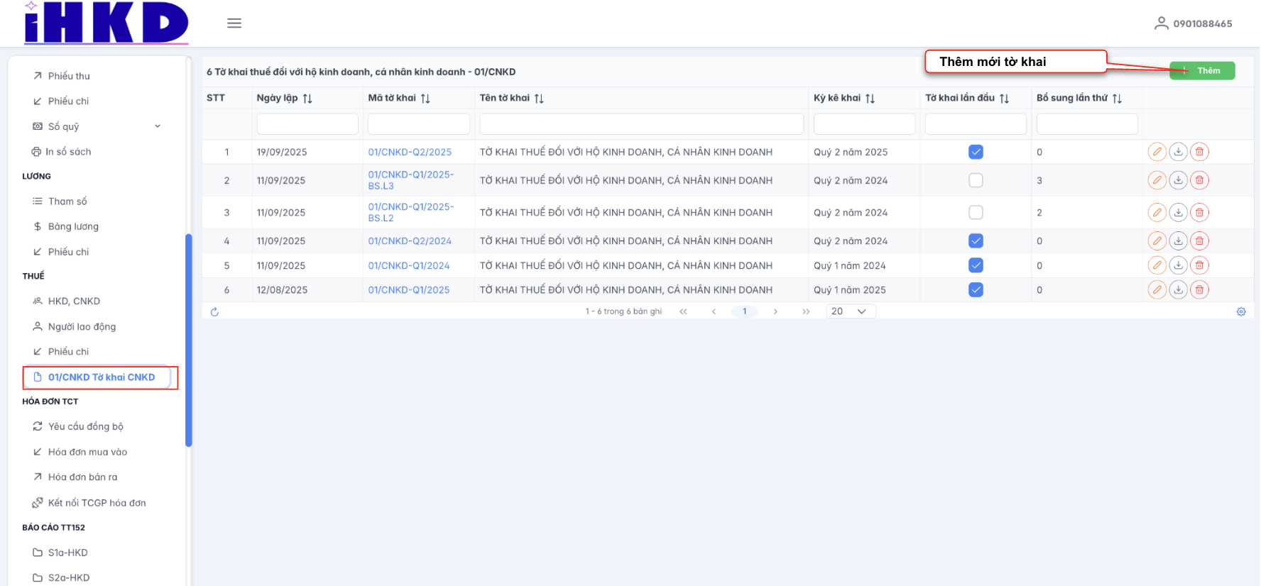 Màn hình danh sách tờ khai 