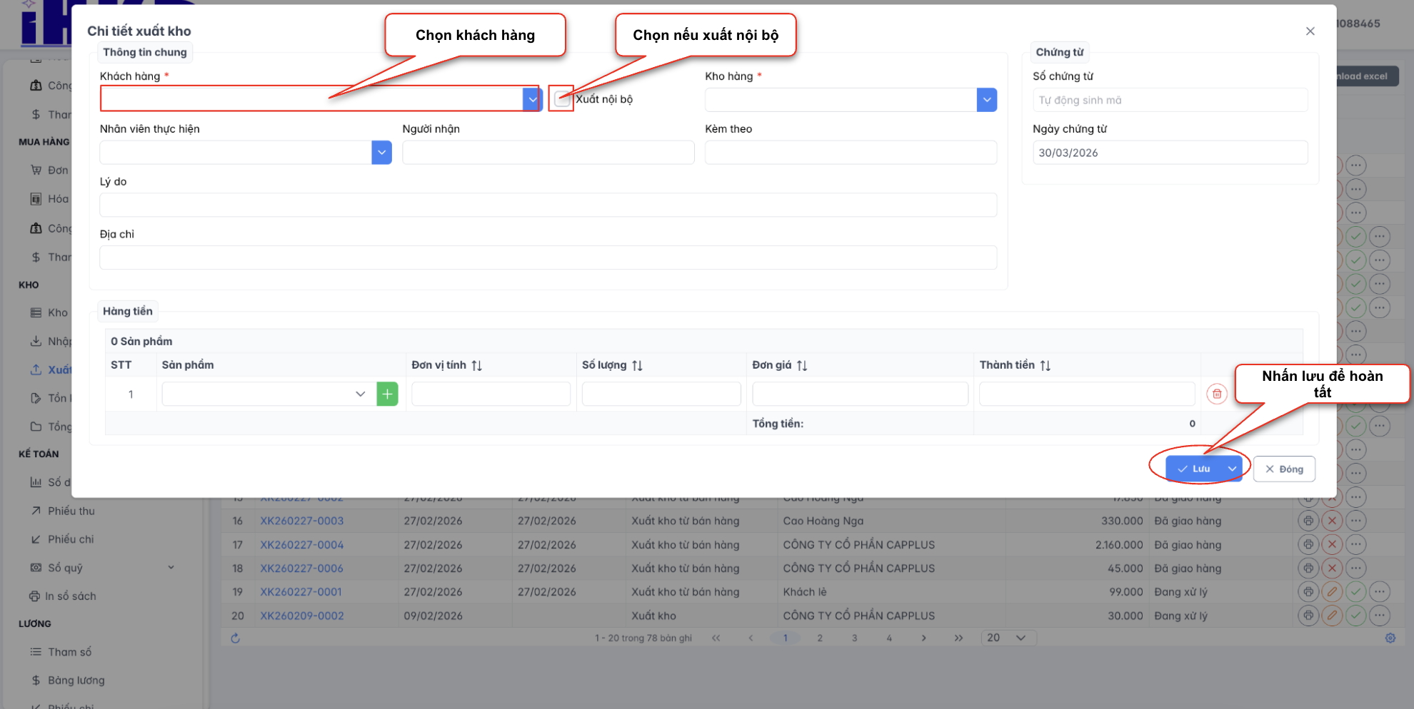 Màn hình thao tác tạo phiếu xuất kho