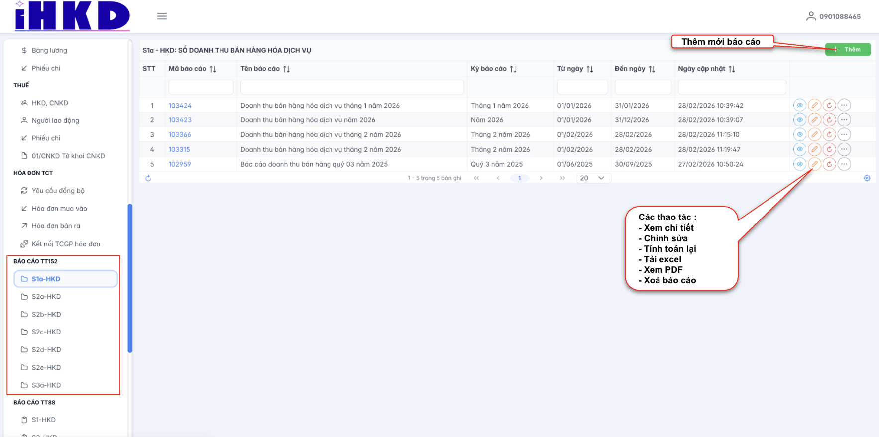 Màn hình báo cáo TT152 