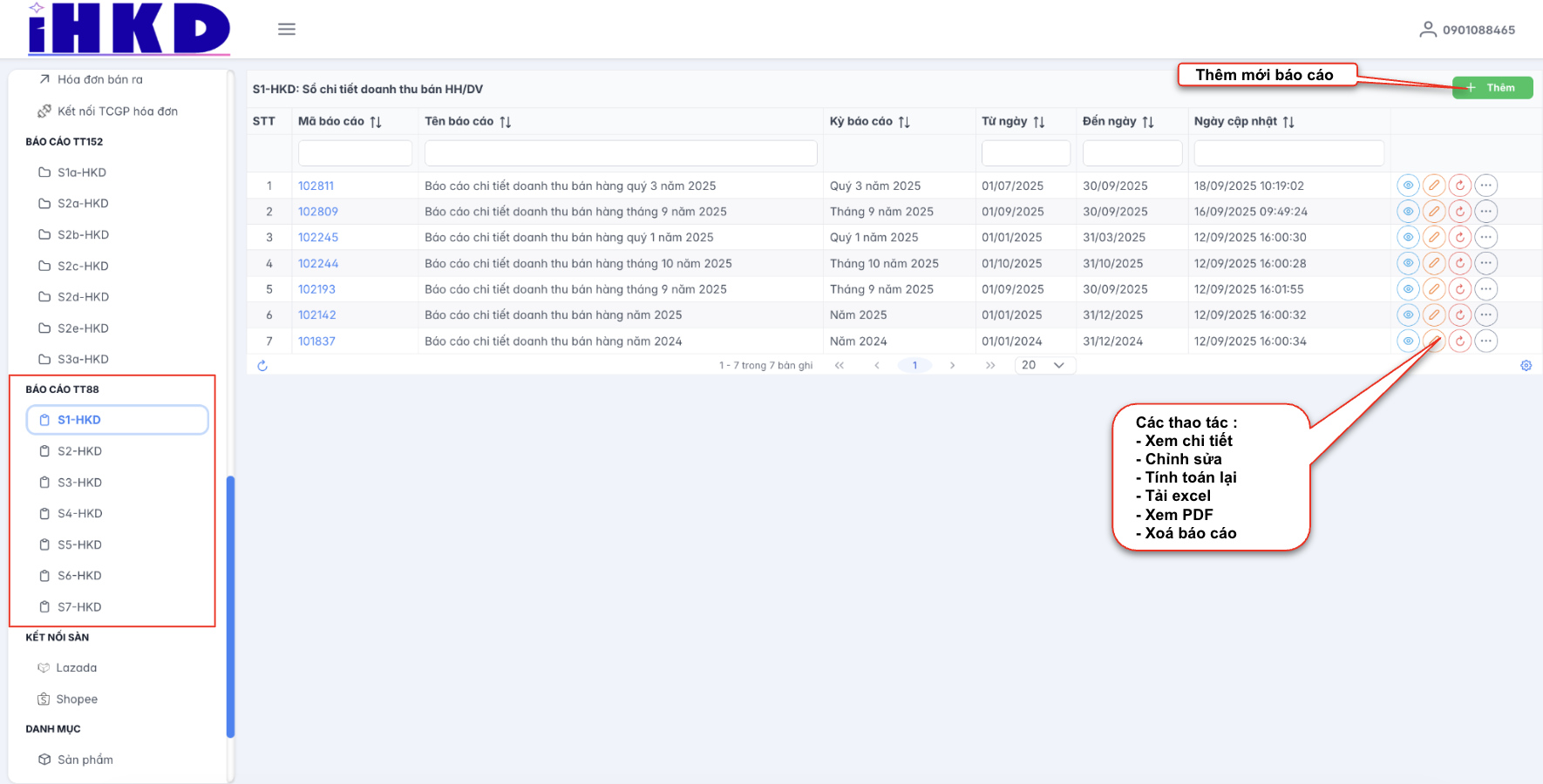 Màn hình báo cáo TT88 