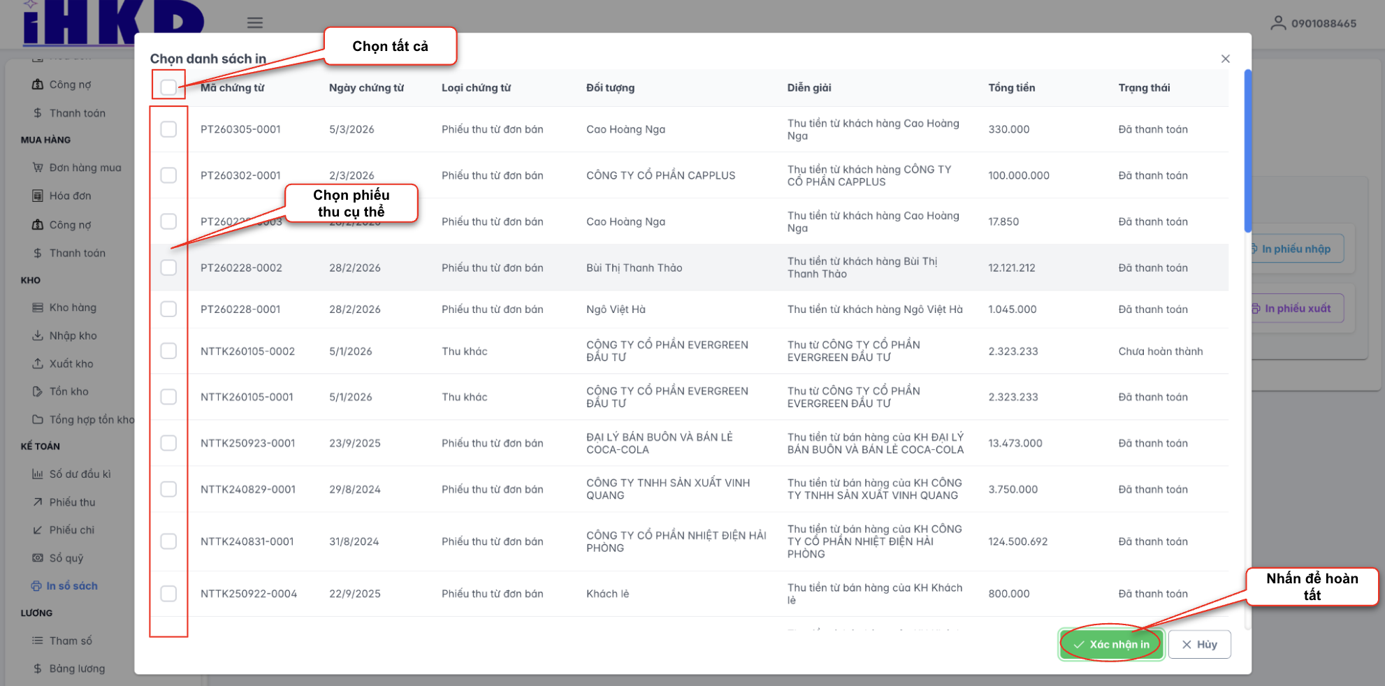Màn hình thao tác chọn phiếu in