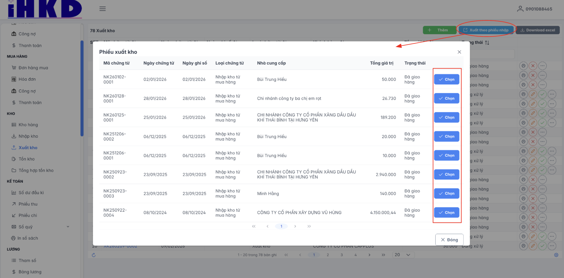 Màn hình thao tác chọn phiếu nhập để xuất kho