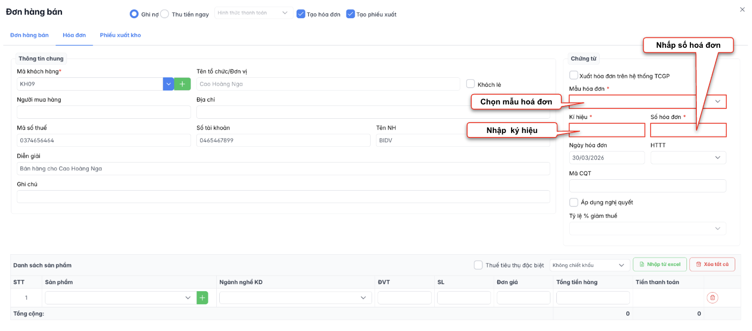Màn hình tạo mới đơn hàng bán - hoá đơn