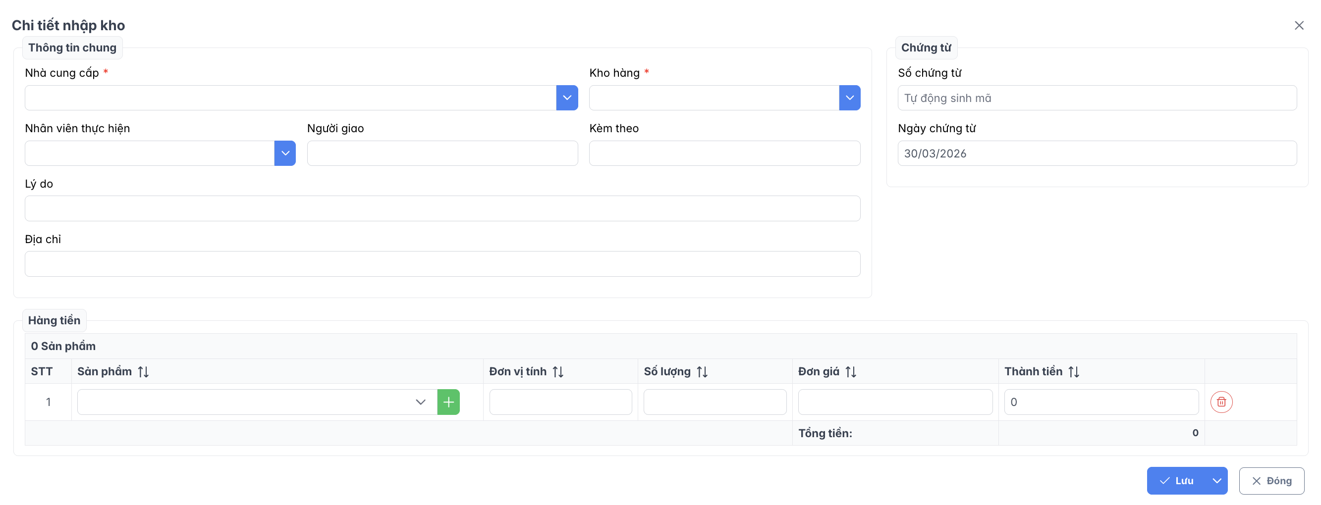 Màn hình thao tác thêm phiếu nhập kho